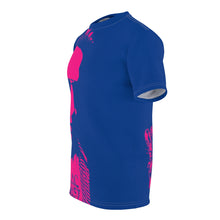 Load image into Gallery viewer, Bright bi-color Isaac Toast Unisex Tee in Blue and Fuchsia
