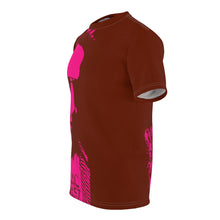 Load image into Gallery viewer, Bright bi-color Isaac Toast Unisex Tee in Brown and Fuchsia

