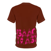 Load image into Gallery viewer, Bright bi-color Isaac Toast Unisex Tee in Brown and Fuchsia
