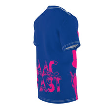 Load image into Gallery viewer, Bright bi-color Isaac Toast Unisex Tee in Blue and Fuchsia
