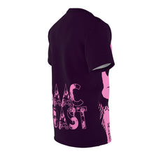 Load image into Gallery viewer, Bright bi-color Isaac Toast Unisex Tee in Plum and Pink
